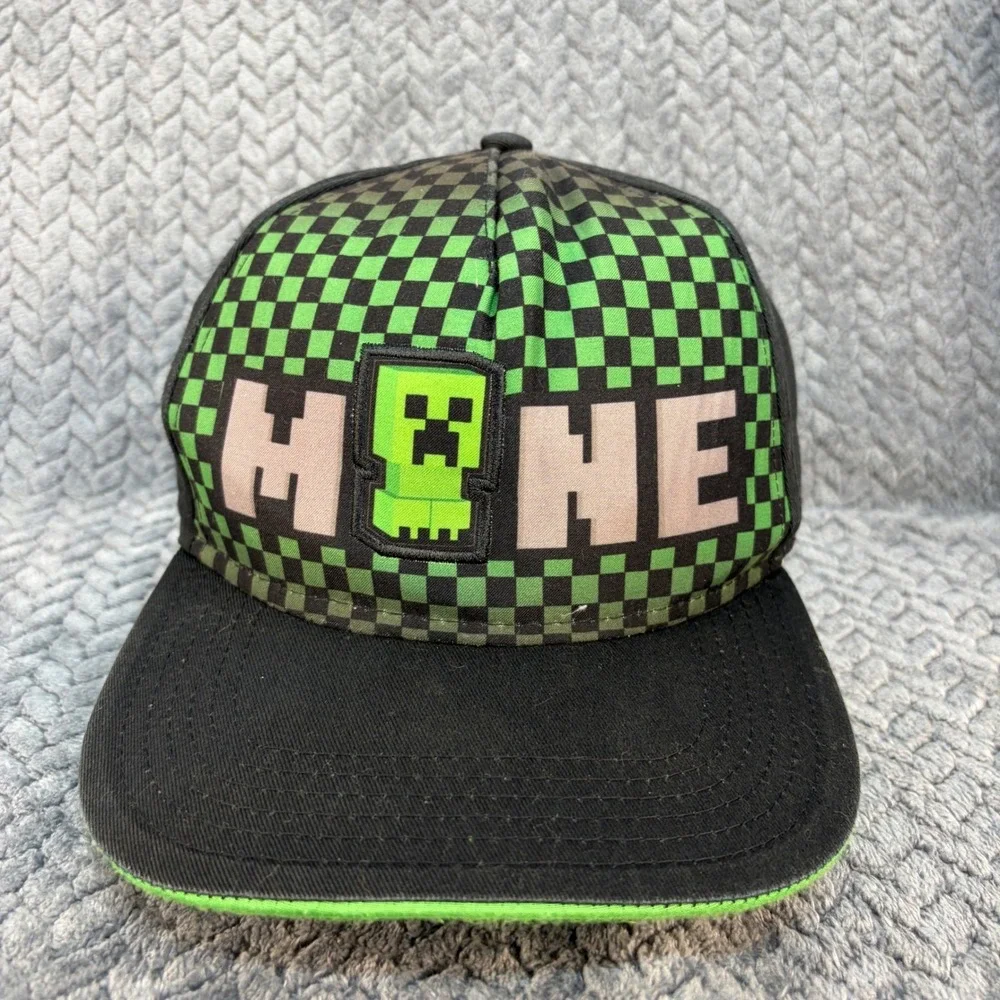 Minecraft Youth Snapback Hat Green Black Checkered Creeper Flat Brim Cap OSFM